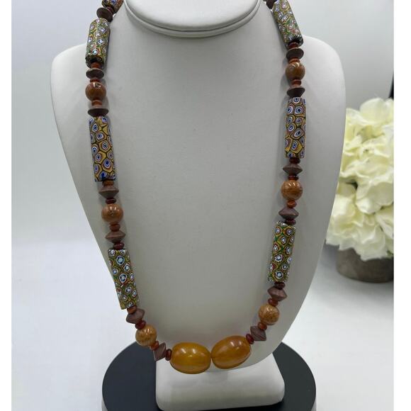 Sterling Silver Millefiori African Trade Bead Yellow Bakelite Amber Necklace - Picture 1 of 14